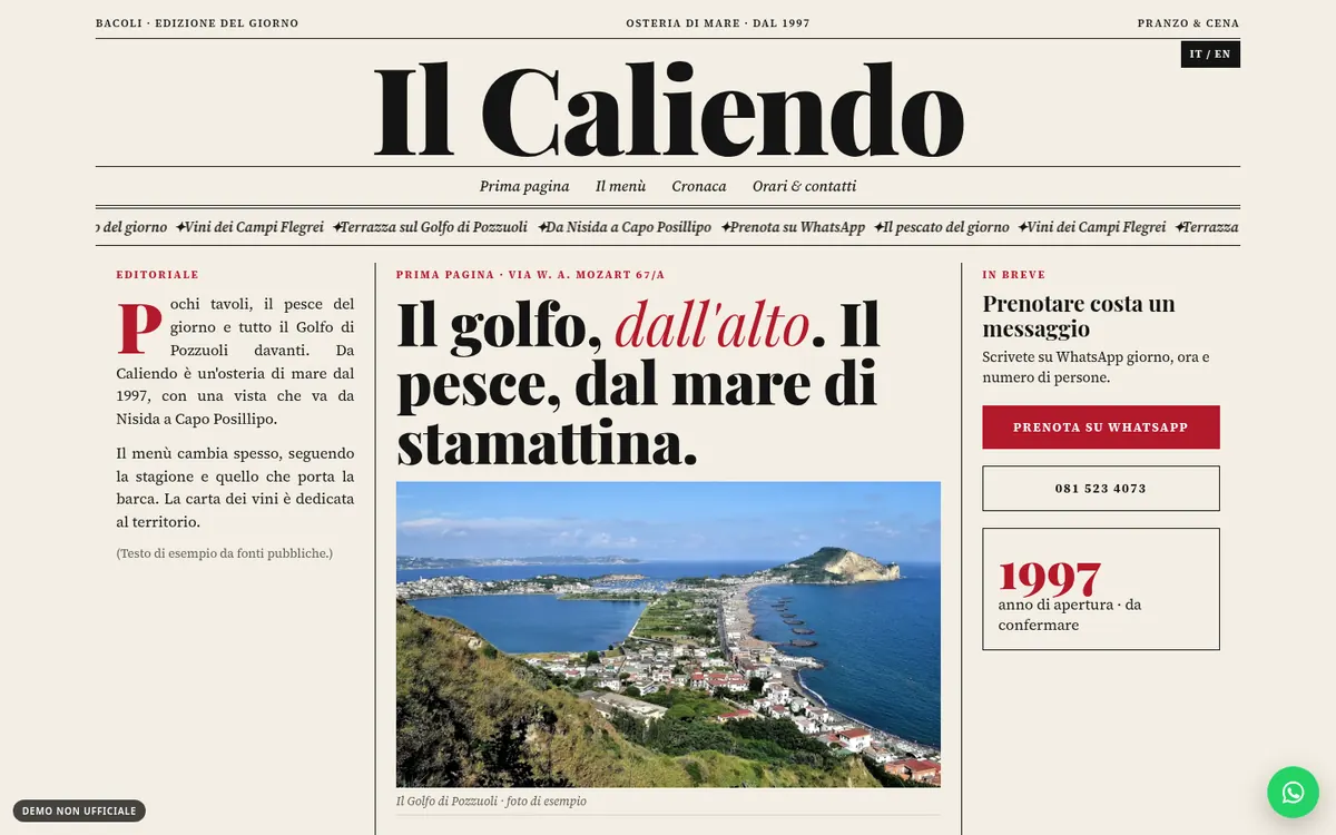 Anteprima desktop del concept per Osteria da Caliendo